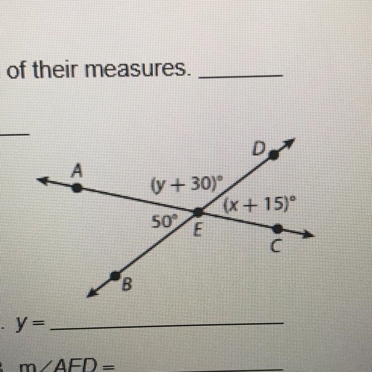 A B (y +30) 50° E (x+15) C-example-1