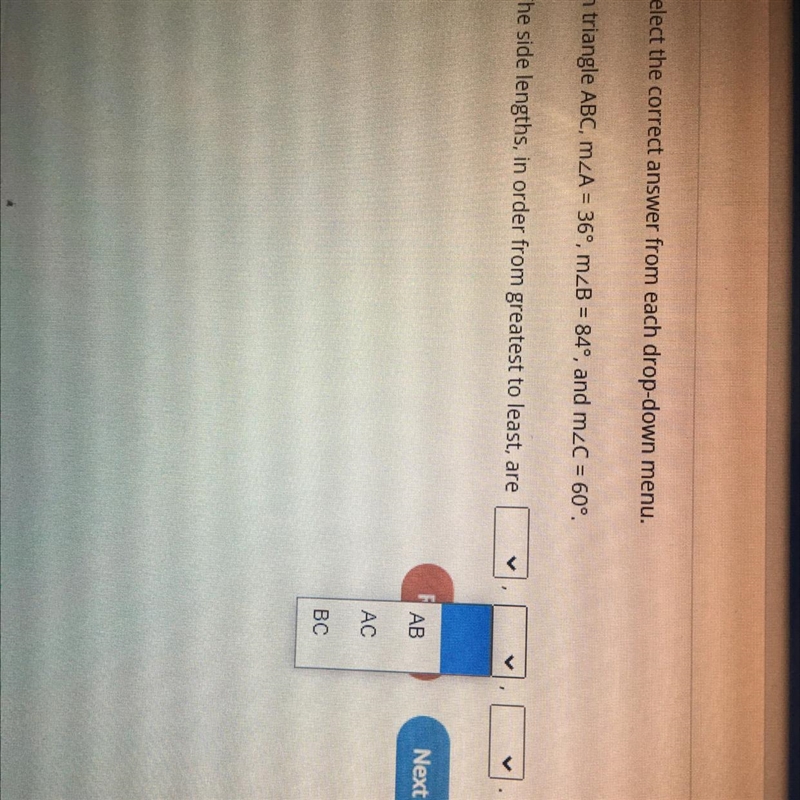 Select the correct answer from each drag-drop menu. I’m triangle ABC m The side lengths-example-1