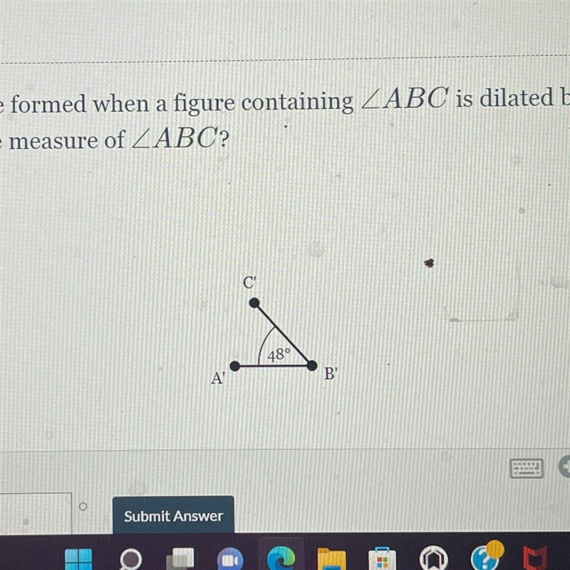 The angle below is the image formed when a figure containing ZABC is dilated by a-example-1