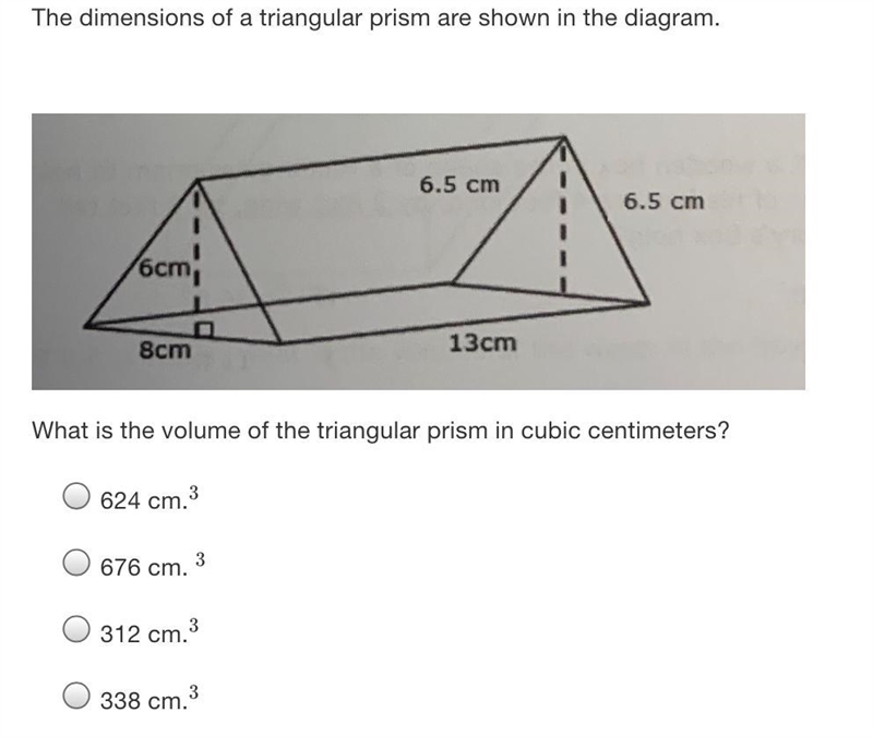 The dimensions of a triangular prism are shown in the diagram. What is the volume-example-1