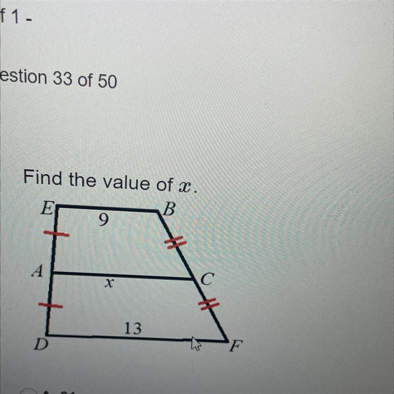 Find the value of x ?? A. 31 B. 5 C. 11 D. 25-example-1