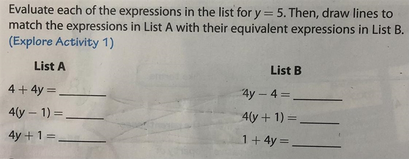 evaluate each of the expressions in the list for y=5. then, draw lines to match the-example-1