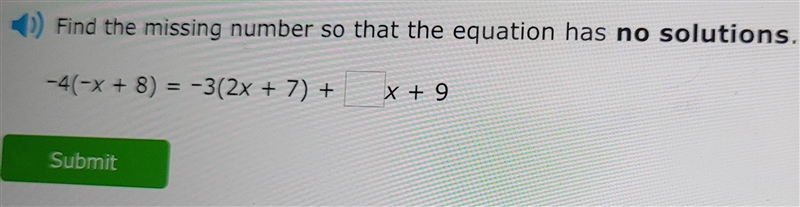 Find the missing number so that the equation has no solutions. -4(-X + 8) = -3(2x-example-1