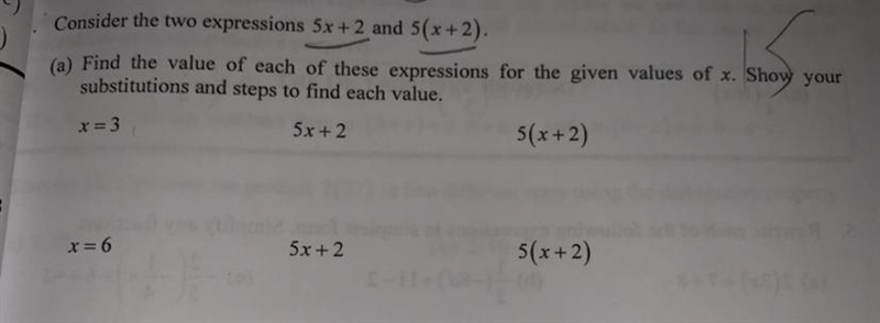 Consider the two expressions 5x + 2 and 5(x+2). (I’m sorry If the picture is unclear-example-1