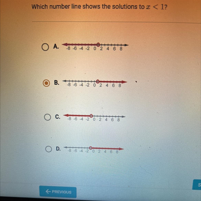 Which number line shows the solutions to x < 1?-example-1