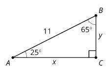 Which (2) equations can be used to find the value of x. cos(25)=x/11 cos(65)=x/11 sin-example-1