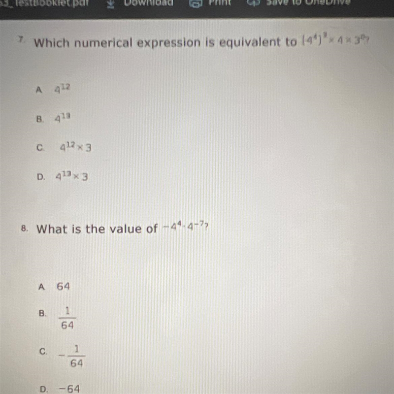 Which numerical expression is equivalent to (4^4)^3 x 4 x 3^0?-example-1