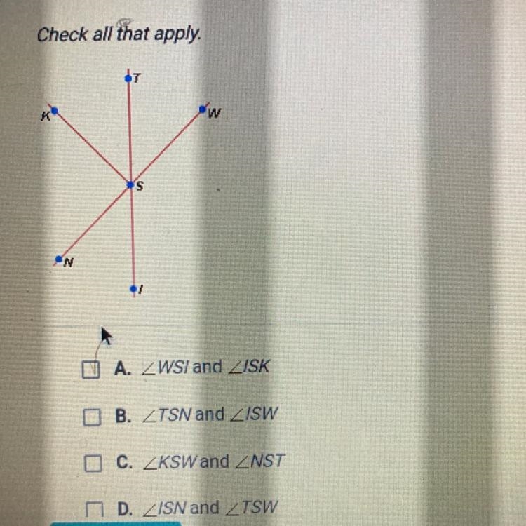 Question 4 of 10 Which pairs of angles in the figure below are vertical angles? Check-example-1