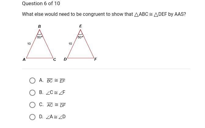 What else would need to be congruent to show that triangle ABC is congruent to DEF-example-1