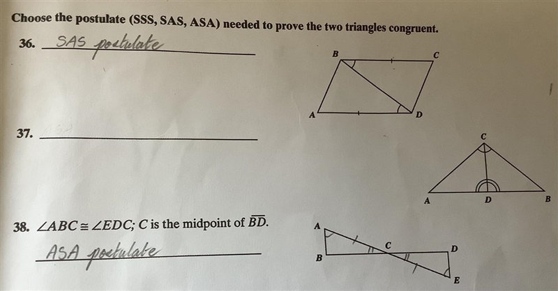 Can someone help me out if question 37. triangle is a SSS, SAS or ASA? ASAP, gotta-example-1