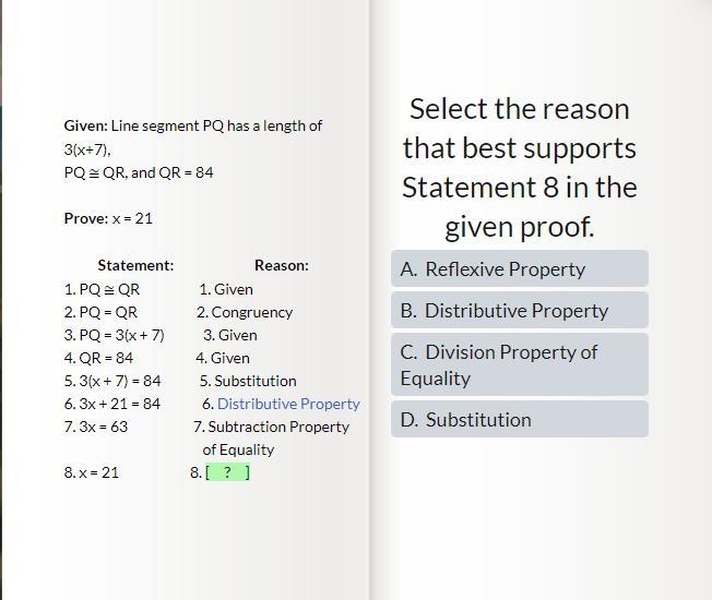 Select the reason that best supports statement 8 in the given proof. PLS ASAP. Ive-example-1