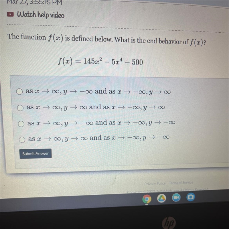 The function f(x) is defined below. What is the end behavior of f(x)? Please help-example-1