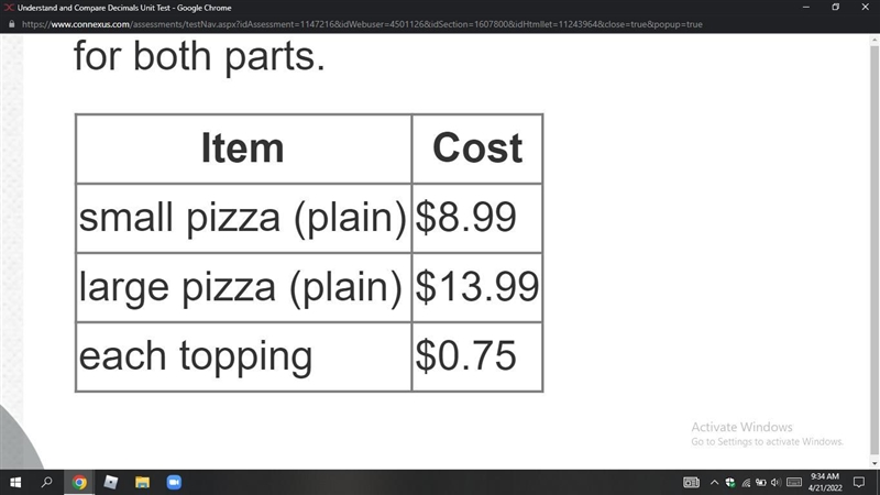 Anna ordered a large pizza with 2 toppings. What was the total cost of her pizza? Show-example-1