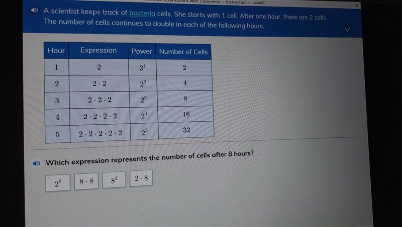 a scientist keeps track of bacteria cells. she starts with 1 cell. after on hour, there-example-1