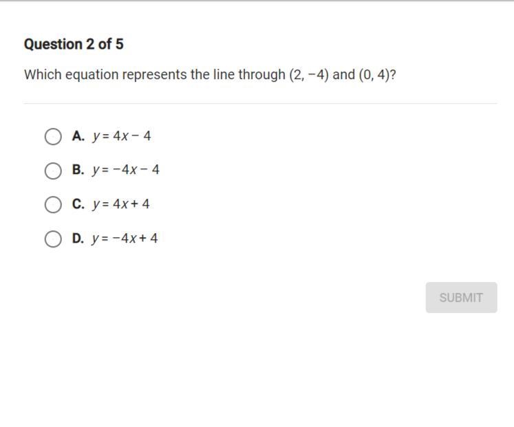 Which equation represents the line through (2, - 4) and (0, 4)?-example-1