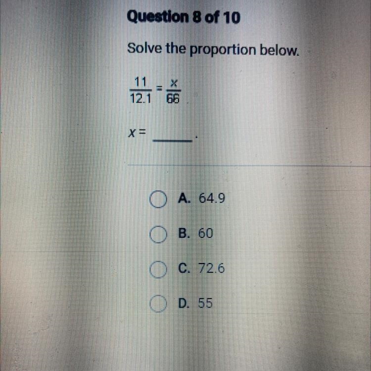 Solve the proportion below. 11/12.1=x/66-example-1