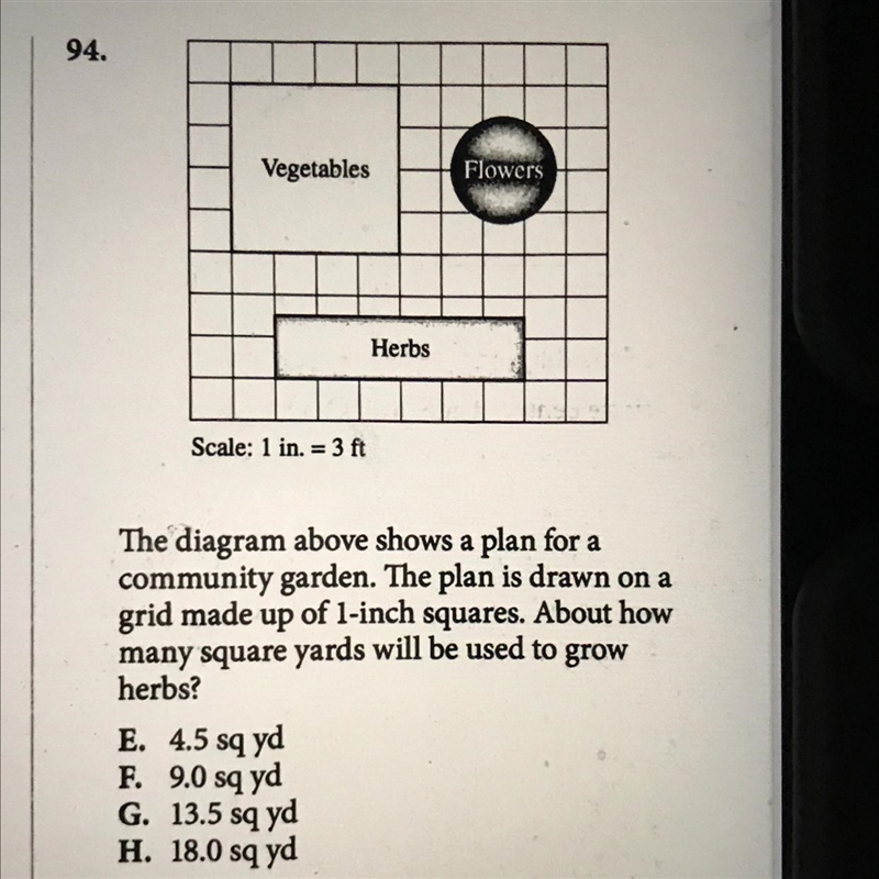 94. Scale: 1 in. = 3 ft The diagram above shows a plan for a community garden. The-example-1