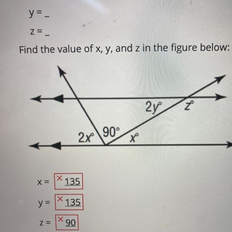 Find the value of x, y, and z in the figure below: ہ 2y IN 2x 90° t-example-1