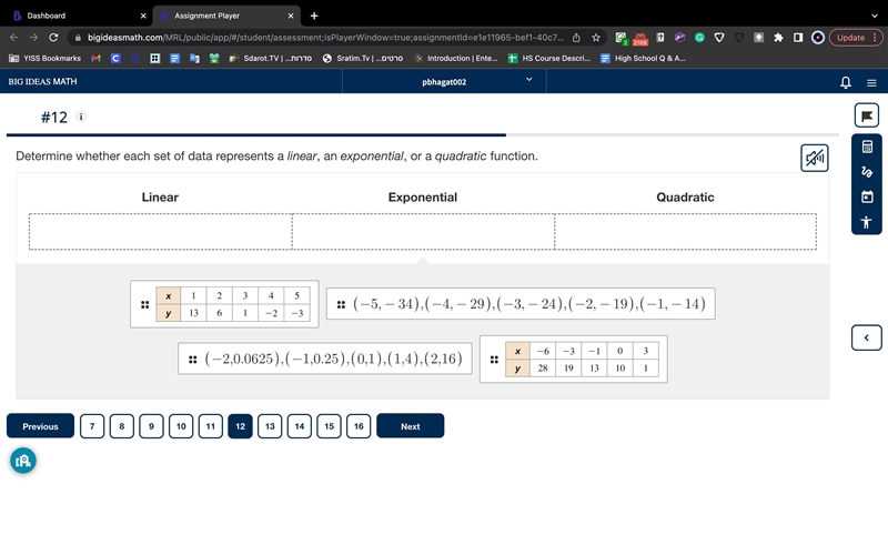 Determine whether each set of data represents a linear, an exponential, or a quadratic-example-1