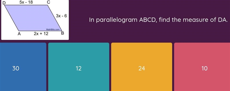 What is the measure of DA? (in a parallelogram)-example-1