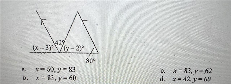 Find the values of x and y. The diagram is not to scale. A.) x=60, y=83 B.) x=83, y-example-1