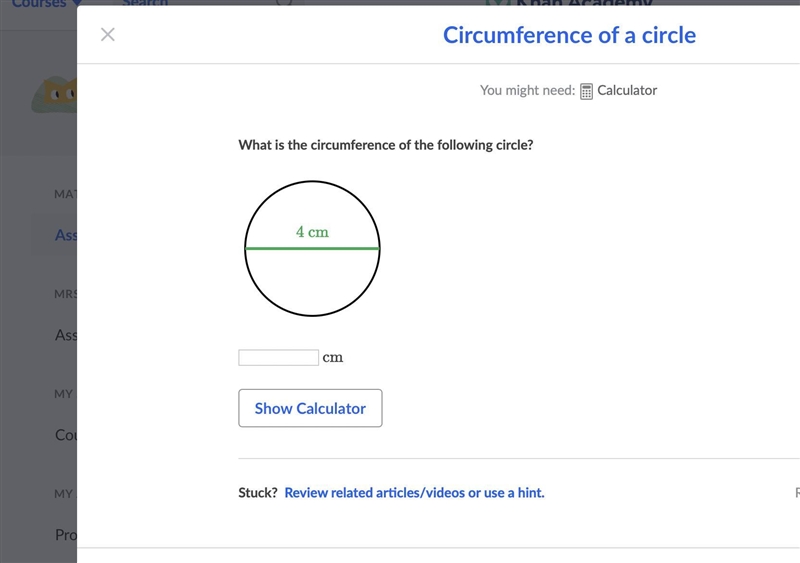 What is the circumference of the following circle?-example-1