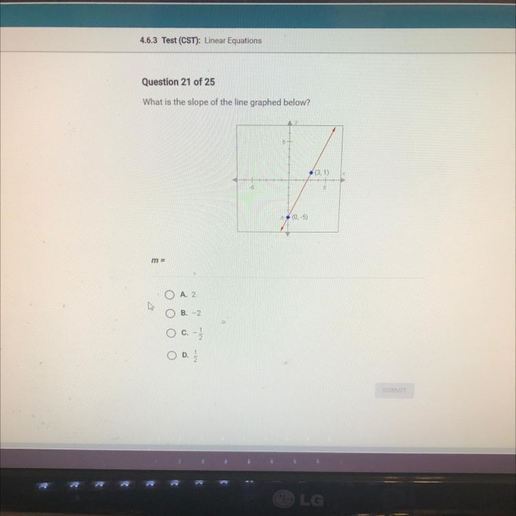 What is the slope of the line graphed below? 0-5 AN O A. 2 O B-2 C o al-example-1