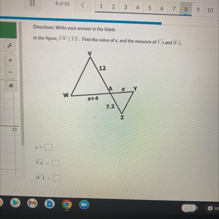 In the figure, VW || YZ. Find the value of x, and the measure of YA and WA. 12 Ay-example-1