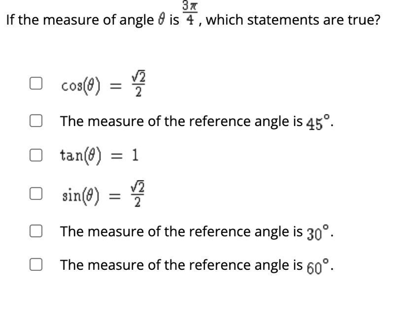 Select all the correct answers. If the measure of angle 0 is 3π/4, which statements-example-1