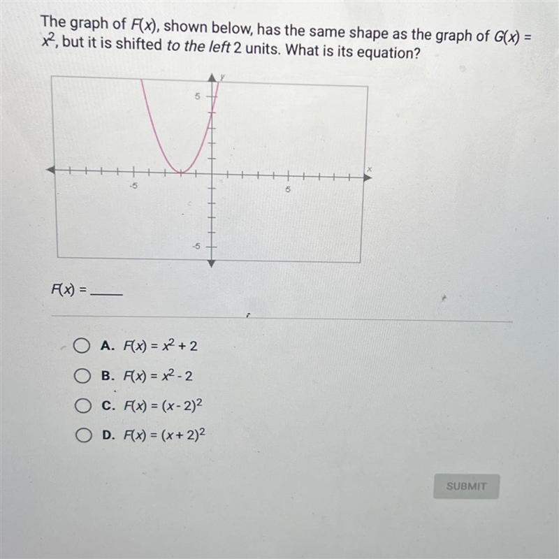 The graph of F(x), shown below, has the same shape as the graph of G(x) = x², but-example-1