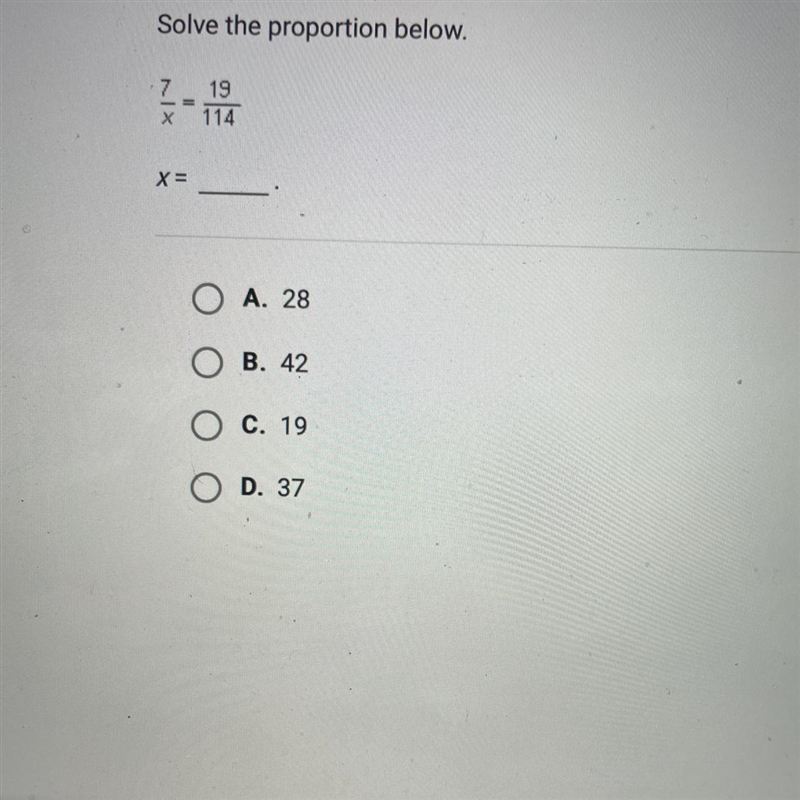 Solve the proportion below. 7/x = 19/144-example-1