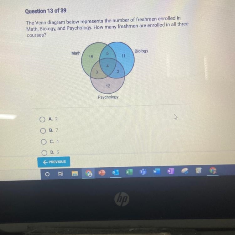 HELP! The Venn diagram below represents the number of freshmen enrolled in Math, Biology-example-1