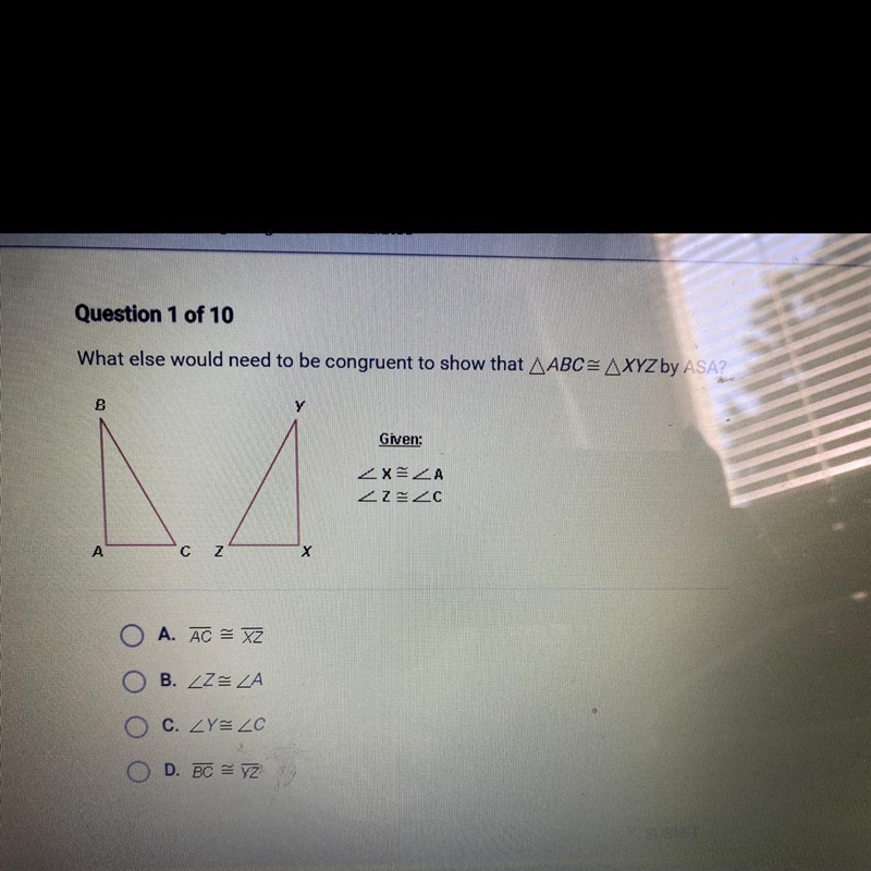 What else would need to be congruent to show that ABC = XYZ by ASA-example-1