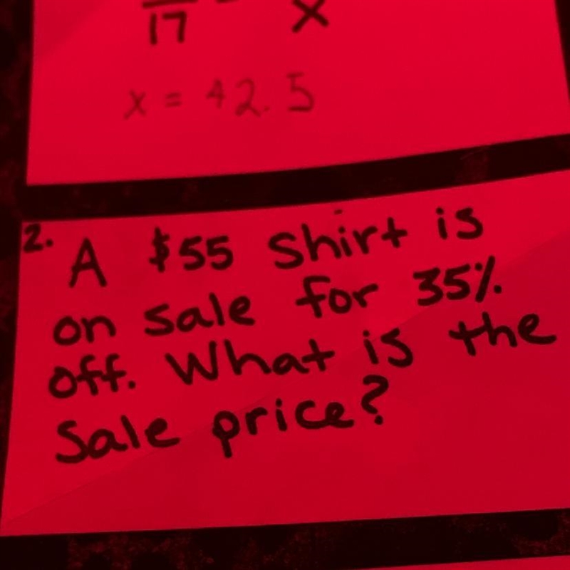 A $55 shirt is on sale for 35% off what is the sale price?-example-1