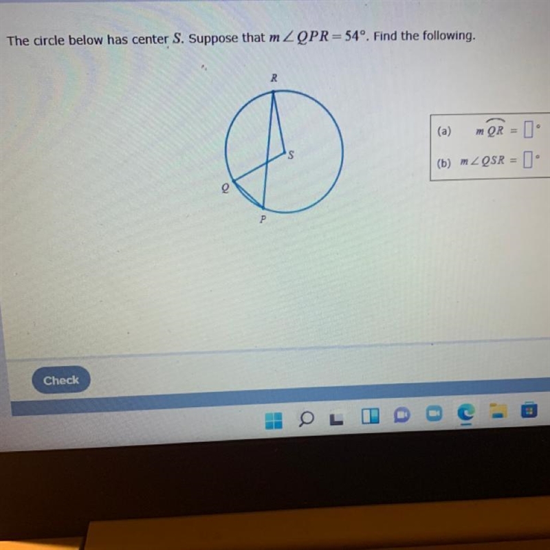 The circle has a center of S. Suppose that m-example-1