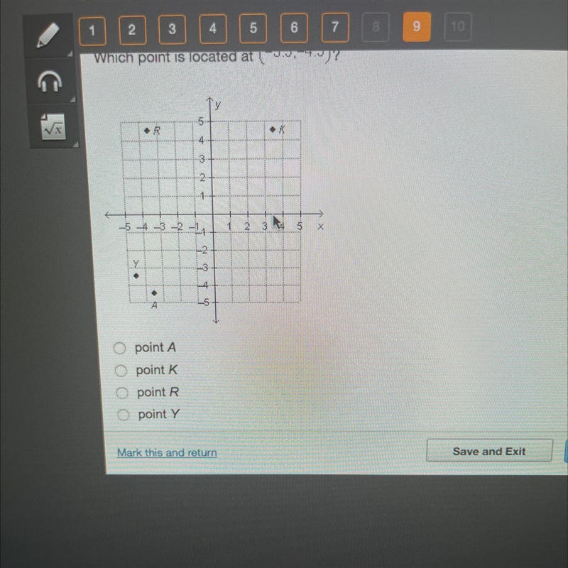 G Which point is located at (-3.5.-4.5)? Y A (1 -5-4-3-2-1 point A point K point R-example-1