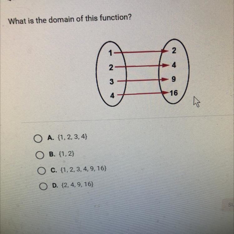 What is the domain of this function A. {1,2,3,4} B. {1,2} C. {1,2,3,4,9,16} D. {2,4,9,16}-example-1