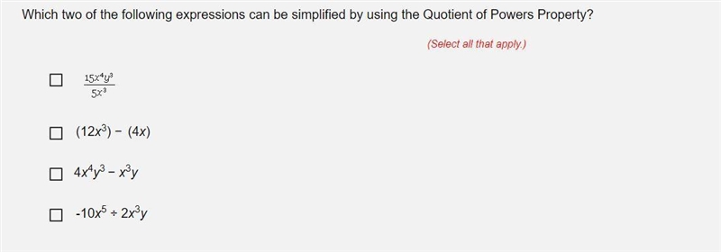 Which two of the following expressions can be simlified by using the Quotient of Powers-example-1