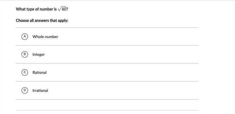 What type of number is the square root of 40?-example-1