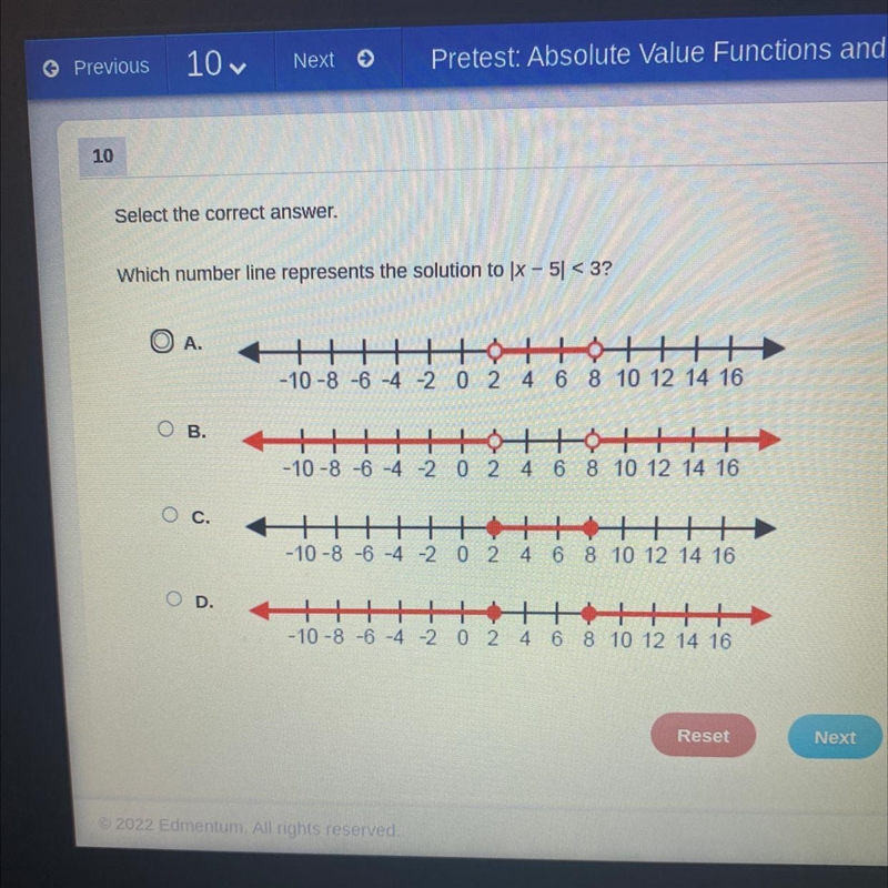 Select the correct answer. Which number line represents the solution to |x - 5] &lt-example-1