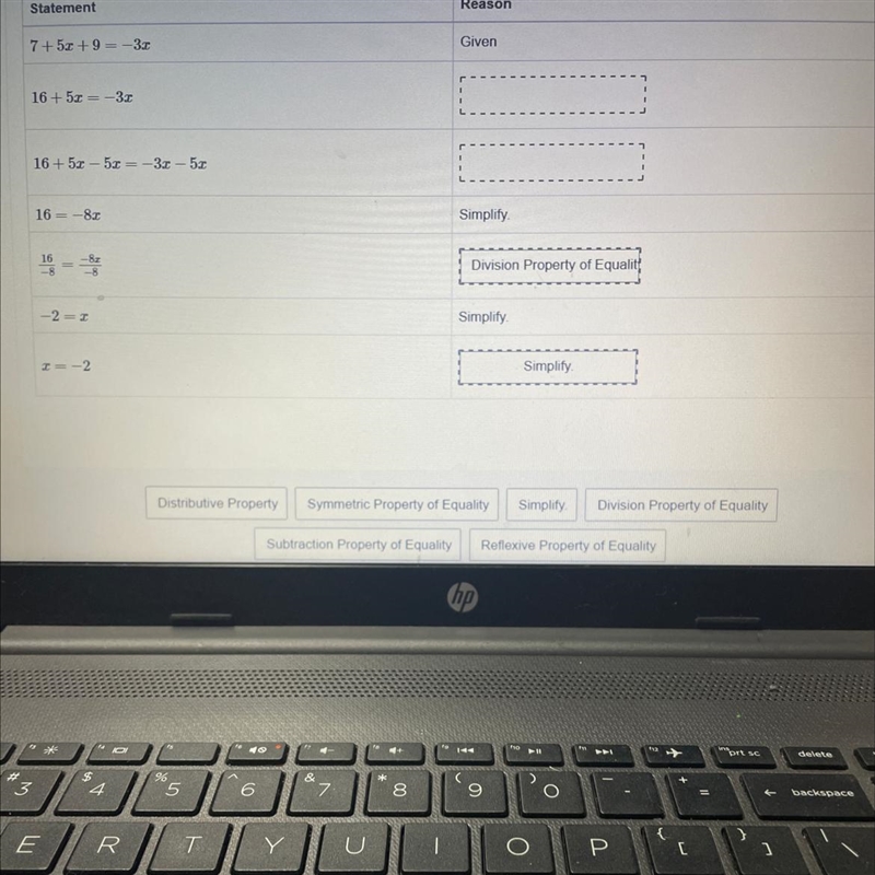 SOMEONE HELP PLSS Complete the proof. If 7+5x+9=-3x, then x = -2 Drag and drop the-example-1