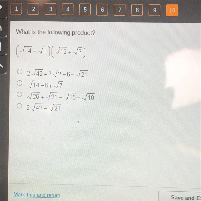 What is the following product? (~/14 - 3)(/12 +7) O 2N/42+7N/2-6-/21 O 14-6+N7 • 26 + /21 -/15-/10 2,/42 - 21-example-1