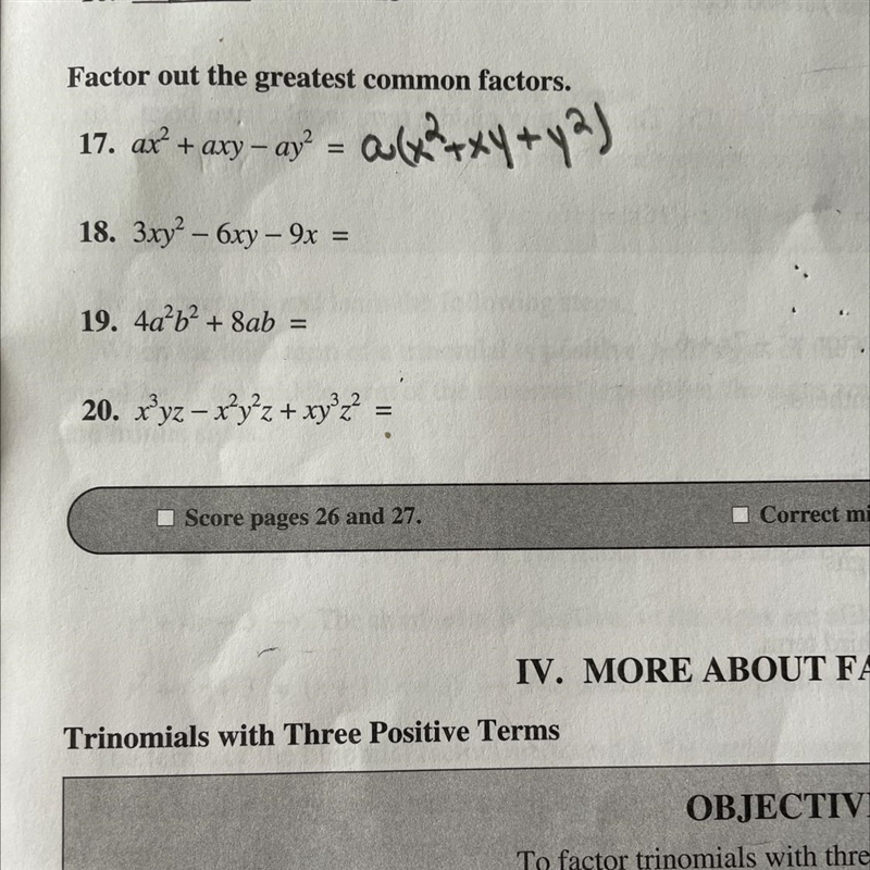 I need help with 18. Factor out the greatest communication n factors.-example-1