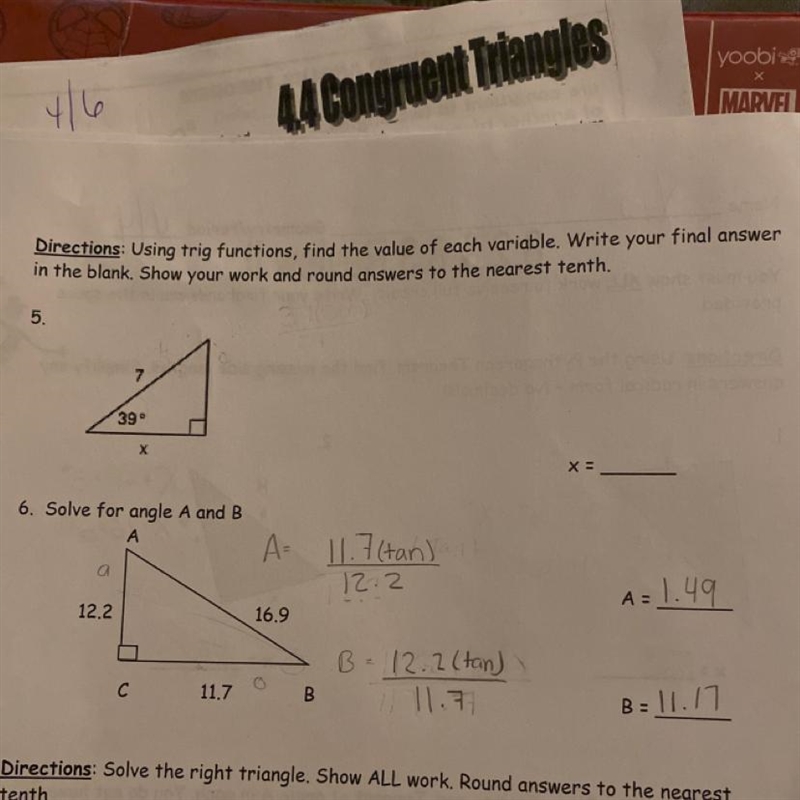 Directions: Using trig functions, find the value of each variable. Write your final-example-1