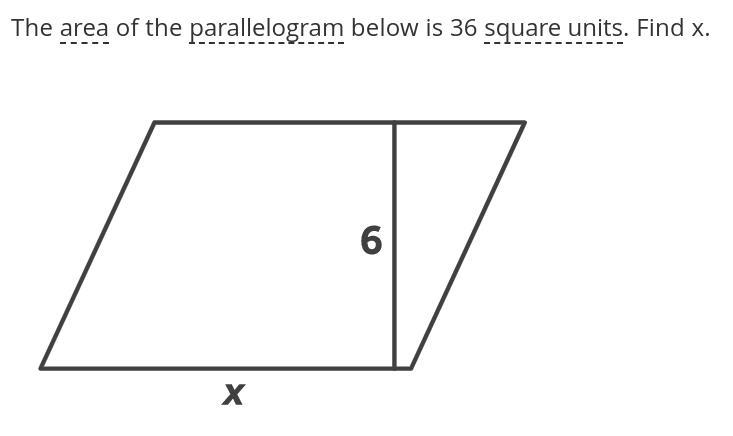 PLEASE ANSWER ASAP!! The area of the parallelogram below is 36 square units. Find-example-1