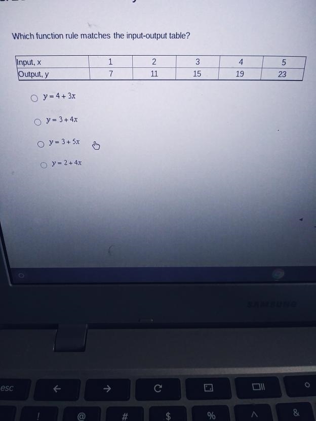 Which function rule matches the input-output table? 1 Input, X Output, y 3 4 2 11 5 7 15 19 23 o-example-1