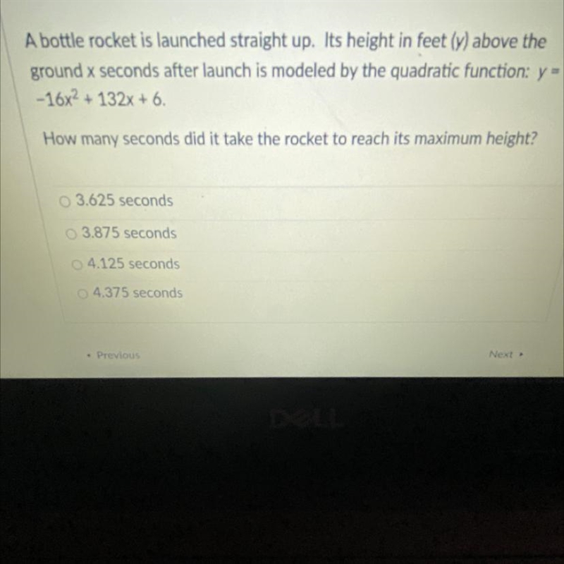 A bottle rocket is launched straight up. Its height in feet (y) above theground x-example-1