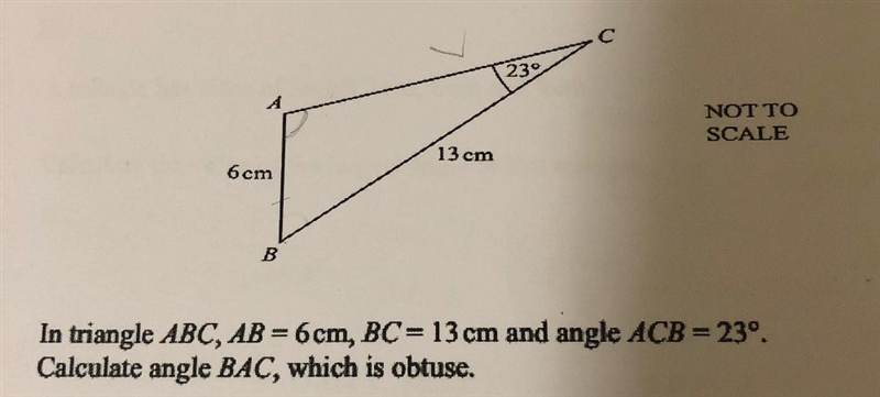 in triangle ABC, AB = 6 cm, BC = 13cm and angle ACB = 23 degrees. Calculate angle-example-1