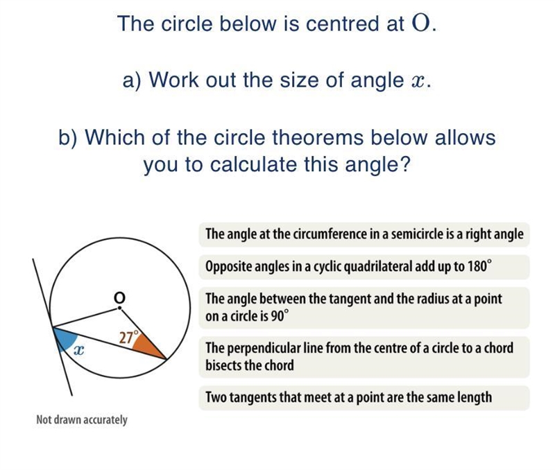 The circle below is centred at O. a) Work out the size of angle x. b) Which of the-example-1