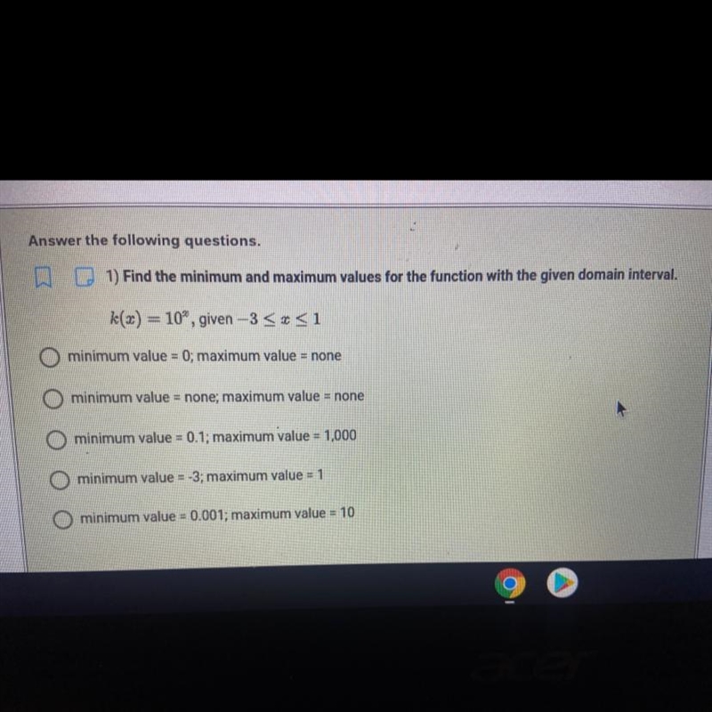 PLEASE HELP: find the minimum and maximum values for the function with the given domain-example-1